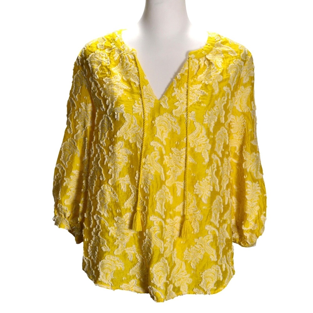 Chico's Paisley Embroidered Blouse Womens 0 S Yellow Tassel Split Neck Top